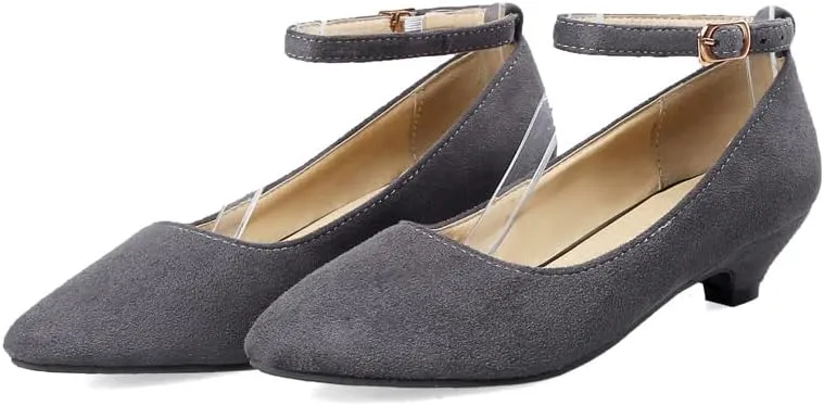 HuangTaiJi Qing Women's Classic Kitten Low Heeled Pumps Slip-on Work Shoes, Soft Faux Suede Buckle Decro Mid Heels for Office