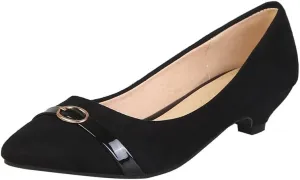 HuangTaiJi Qing Women's Classic Kitten Low Heeled Pumps Slip-on Work Shoes, Soft Faux Suede Buckle Decro Mid Heels for Office
