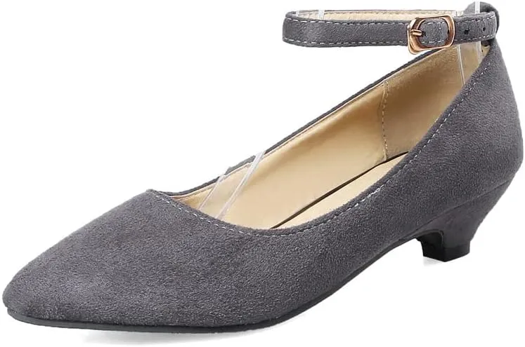 HuangTaiJi Qing Women's Classic Kitten Low Heeled Pumps Slip-on Work Shoes, Soft Faux Suede Buckle Decro Mid Heels for Office