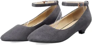HuangTaiJi Qing Women's Classic Kitten Low Heeled Pumps Slip-on Work Shoes, Soft Faux Suede Buckle Decro Mid Heels for Office