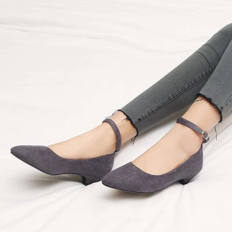 HuangTaiJi Qing Women's Classic Kitten Low Heeled Pumps Slip-on Work Shoes, Soft Faux Suede Buckle Decro Mid Heels for Office