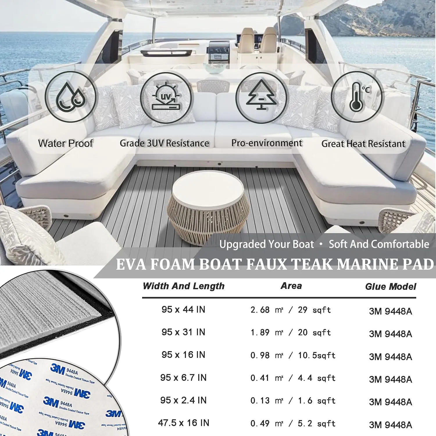 HXBYX EVA Foam Boat Flooring with 3M Self-Adhesive Backing DIY Boats Decking Marine Sheet Faux Teak Material,Non-Slip Cooler Pads for Kayak Yacht SwimPool RV 95"x44"/31"/16"/6.7"/2.4",47.5"x16"