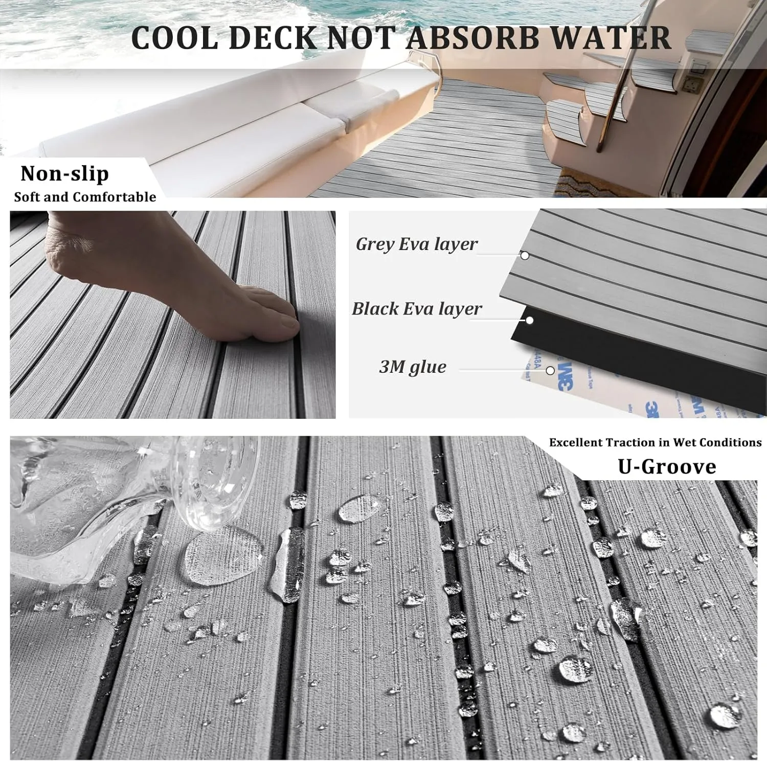 HXBYX EVA Foam Boat Flooring with 3M Self-Adhesive Backing DIY Boats Decking Marine Sheet Faux Teak Material,Non-Slip Cooler Pads for Kayak Yacht SwimPool RV 95"x44"/31"/16"/6.7"/2.4",47.5"x16"