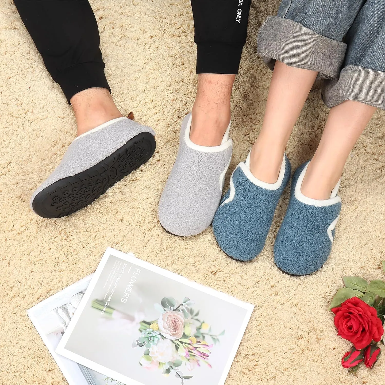 Ibeauti Womens Mens House Slippers Rubber Sole Indoor Slipper Socks Lightweight Fleece Lined Slip-on Barefoot Slippers