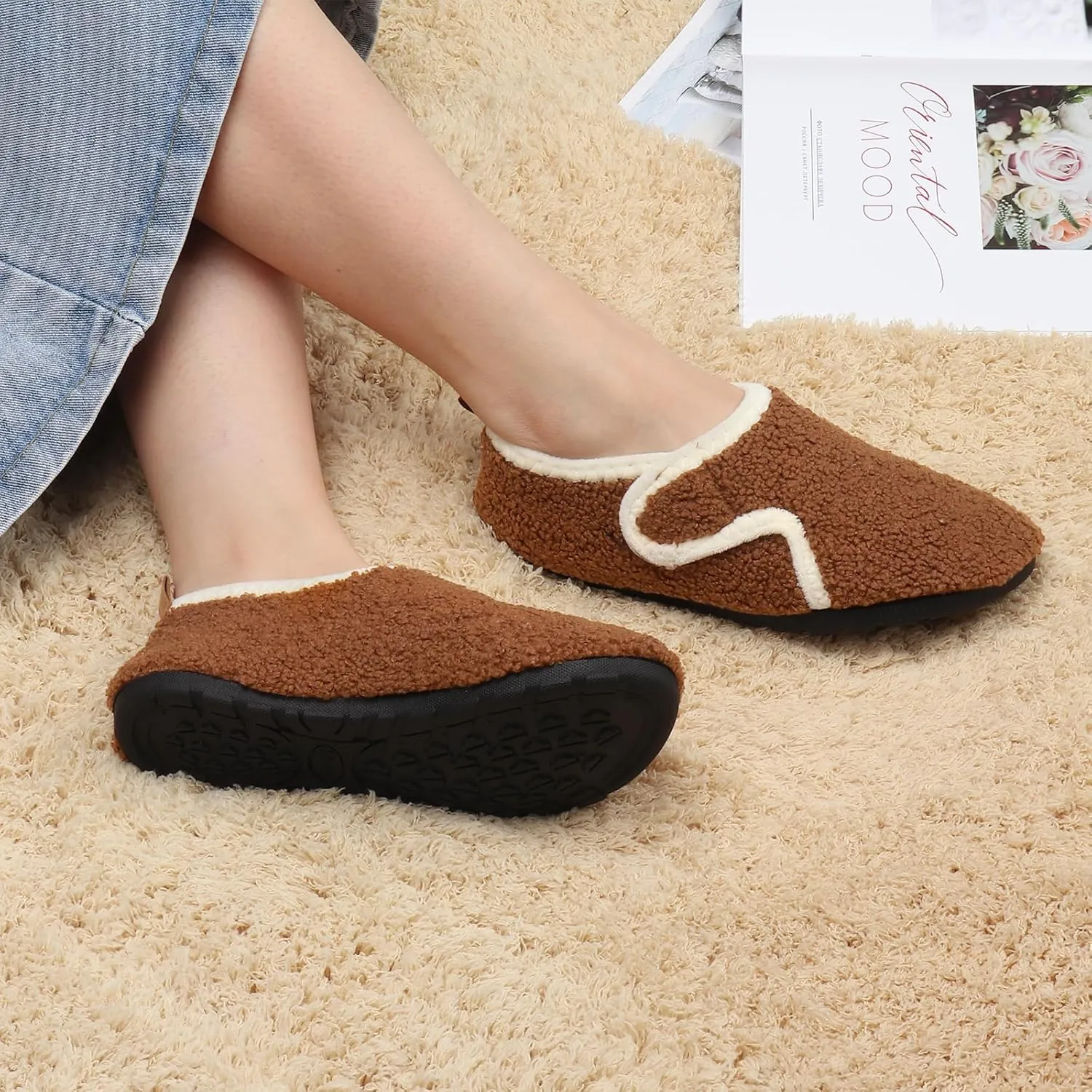 Ibeauti Womens Mens House Slippers Rubber Sole Indoor Slipper Socks Lightweight Fleece Lined Slip-on Barefoot Slippers