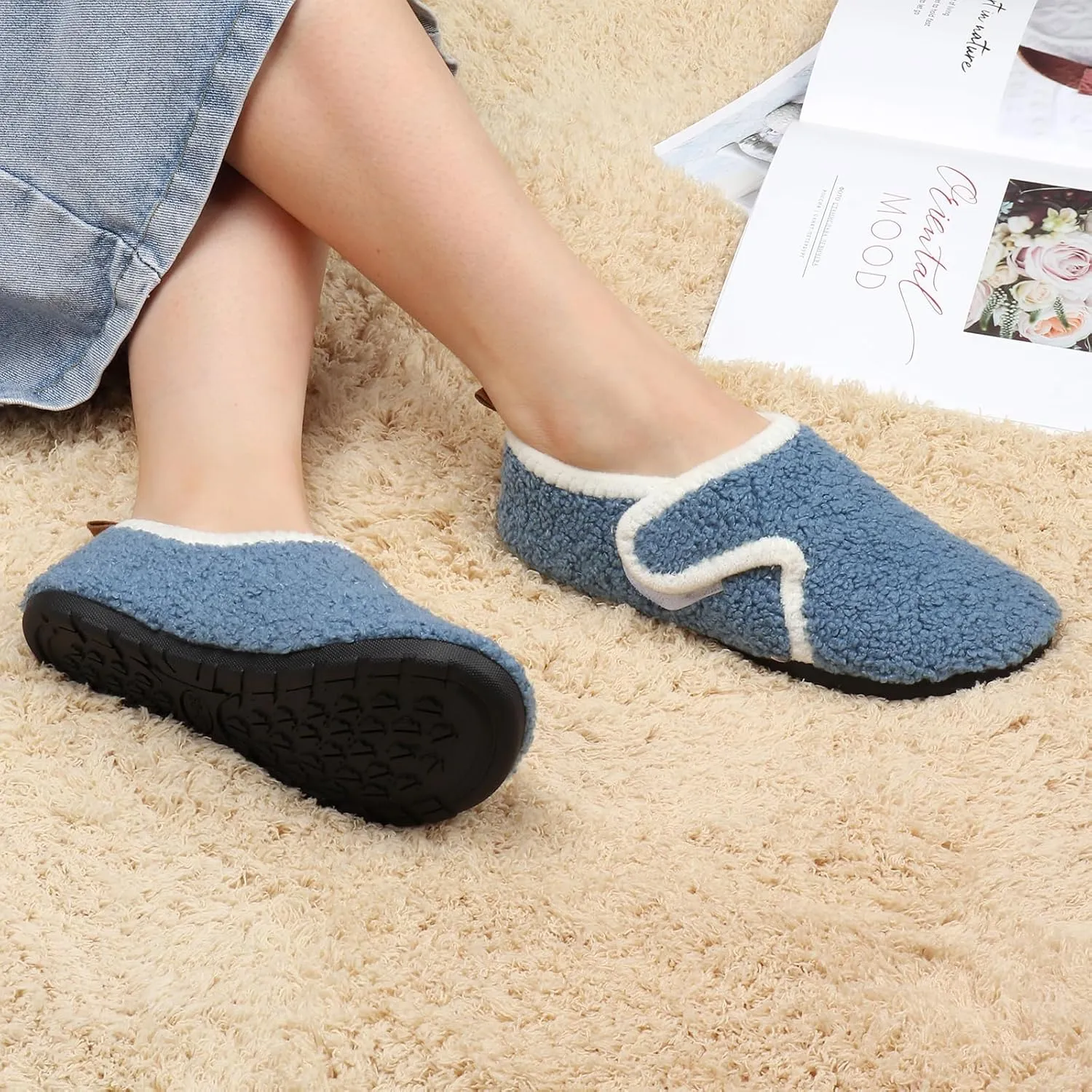 Ibeauti Womens Mens House Slippers Rubber Sole Indoor Slipper Socks Lightweight Fleece Lined Slip-on Barefoot Slippers