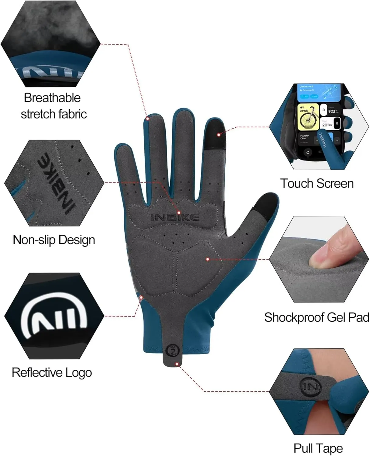 INBIKE Breathable Bike Gloves for Men Women, Full Finger Pad Cycling Gloves, Touchscreen Reflective Mountain Biking Bicycle