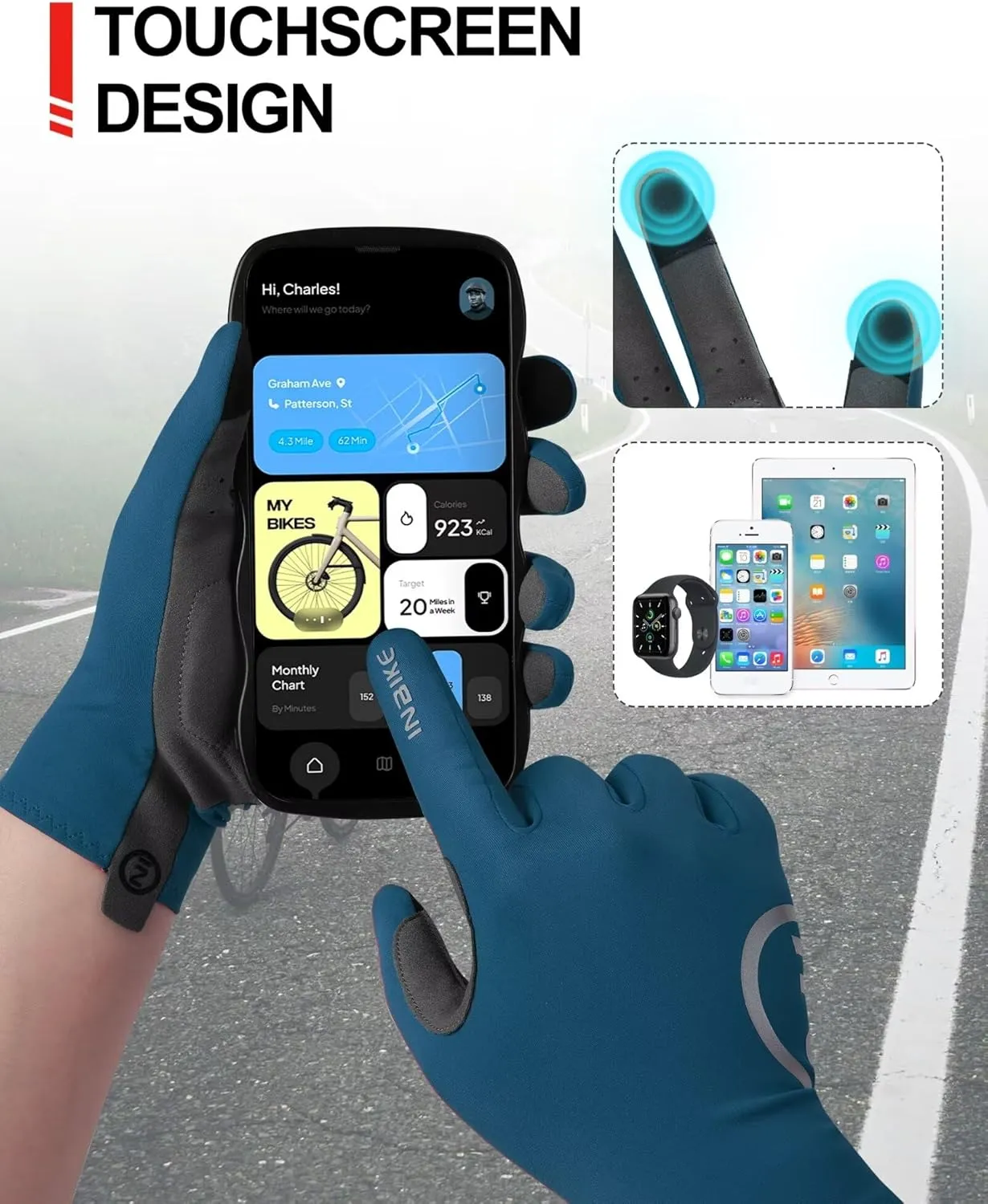 INBIKE Breathable Bike Gloves for Men Women, Full Finger Pad Cycling Gloves, Touchscreen Reflective Mountain Biking Bicycle