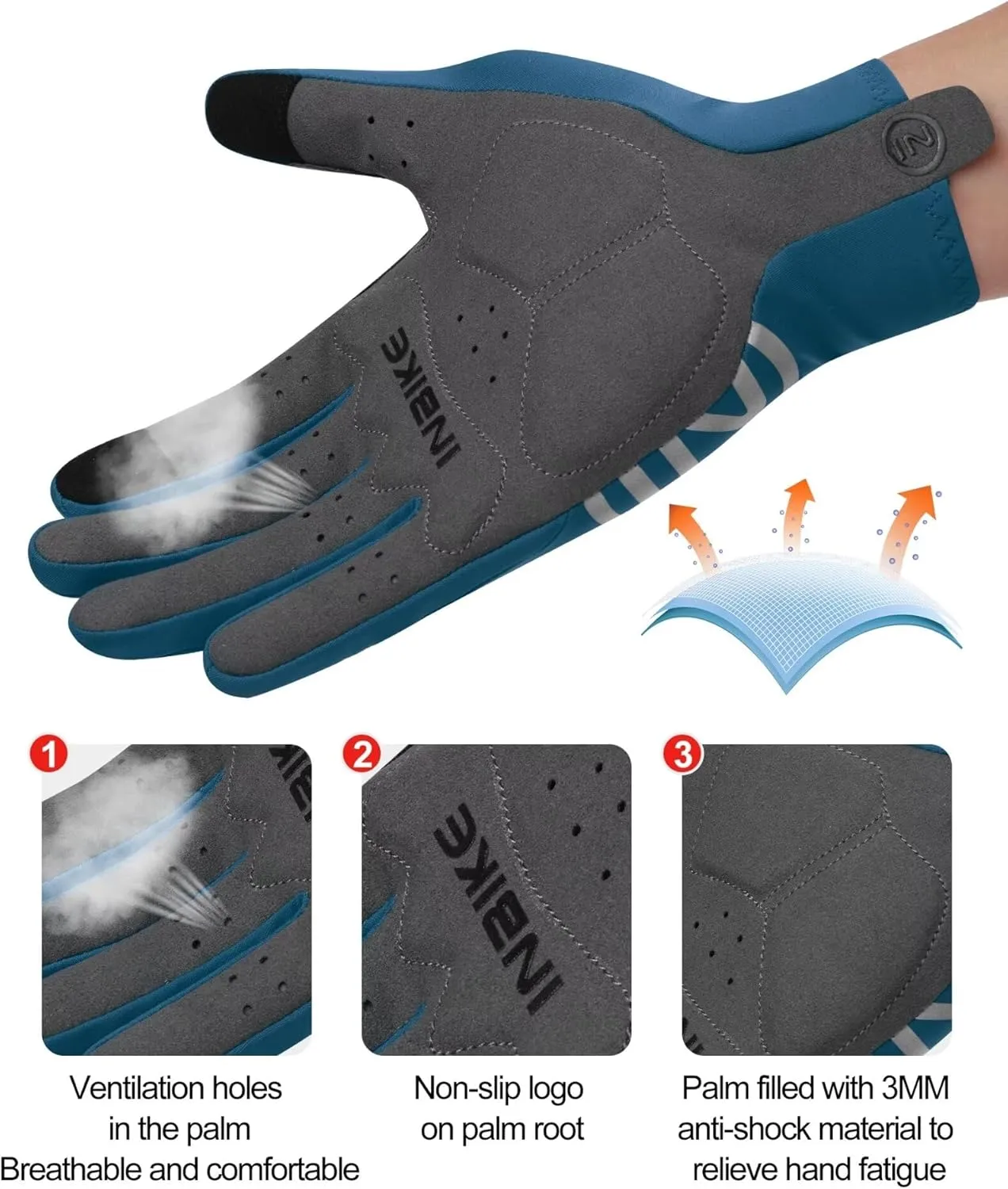 INBIKE Breathable Bike Gloves for Men Women, Full Finger Pad Cycling Gloves, Touchscreen Reflective Mountain Biking Bicycle