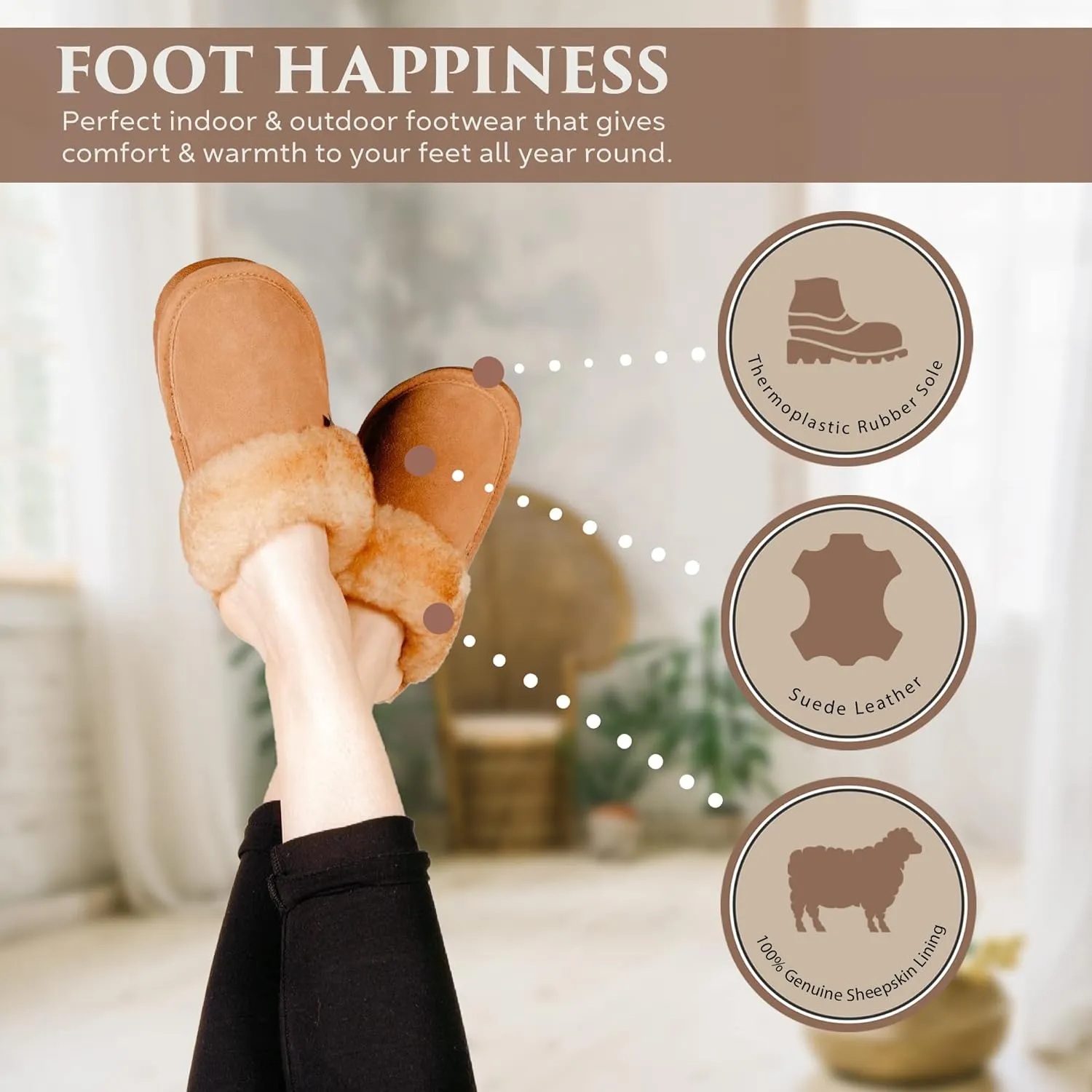 Indoor Outdoor Scuff House Slippers for Women - Genuine Sheepskin Slip-on Slippers