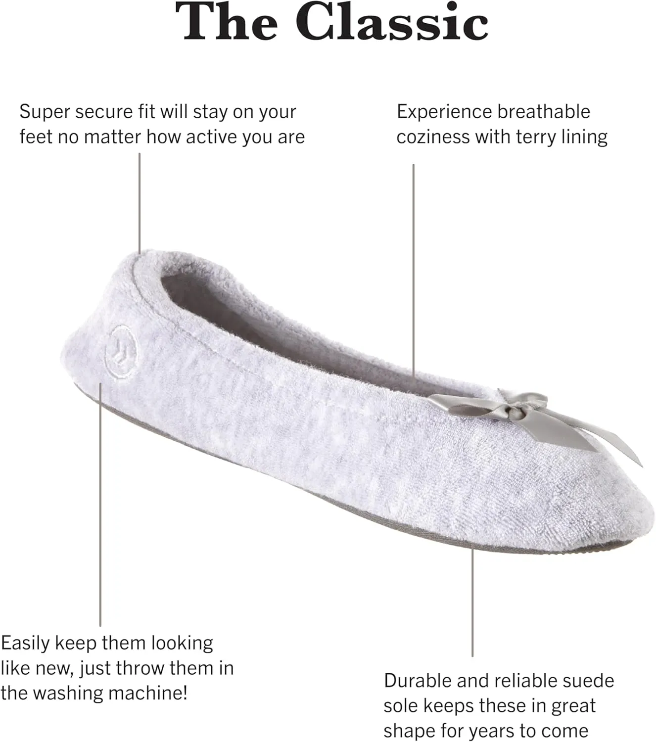 Isotoner Women's 2 Pack Mictroterry Ballerina Slipper with a Satin Bow