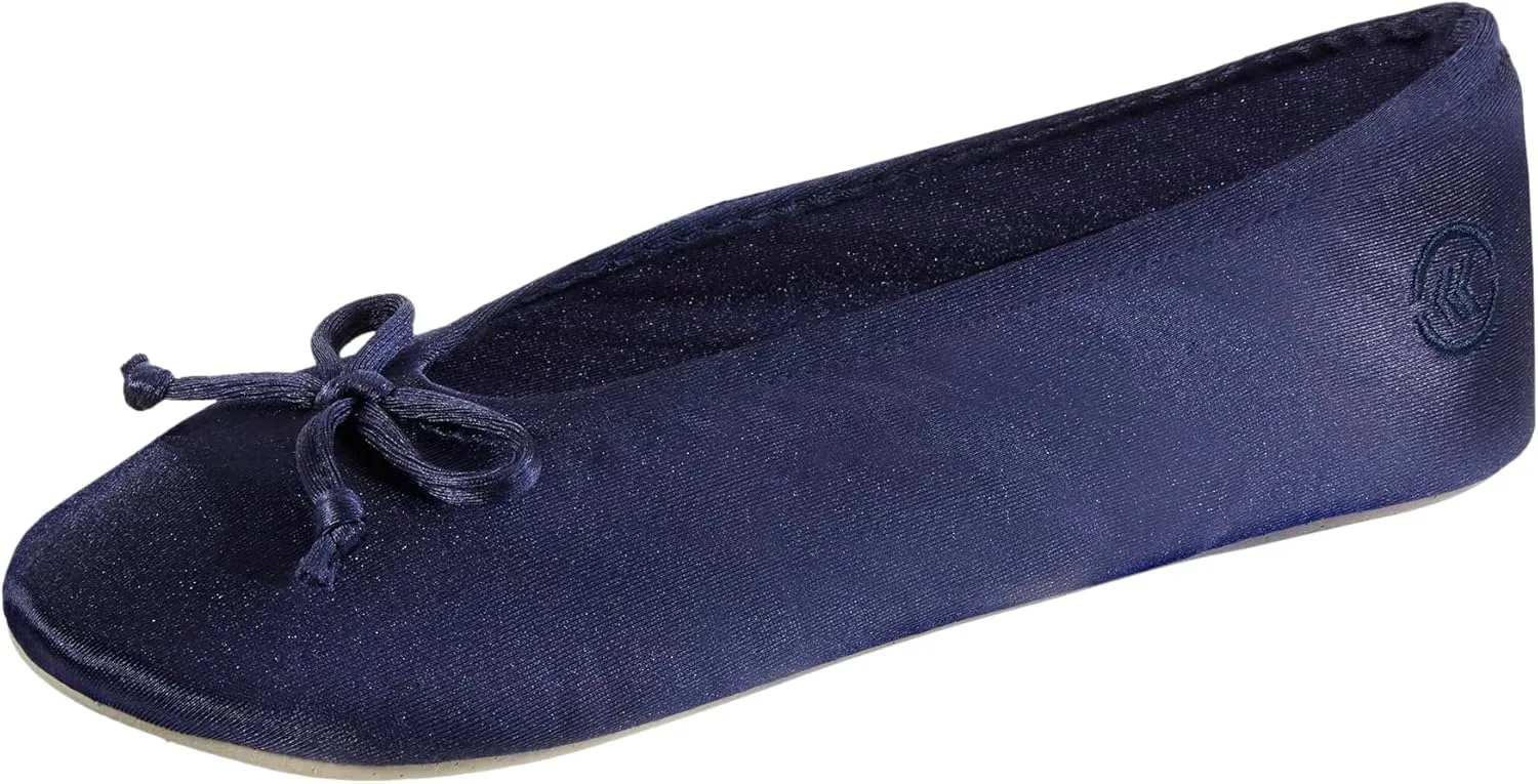isotoner Women's Satin Ballerina Slippers with Soft Tie Bow and Suede Sole