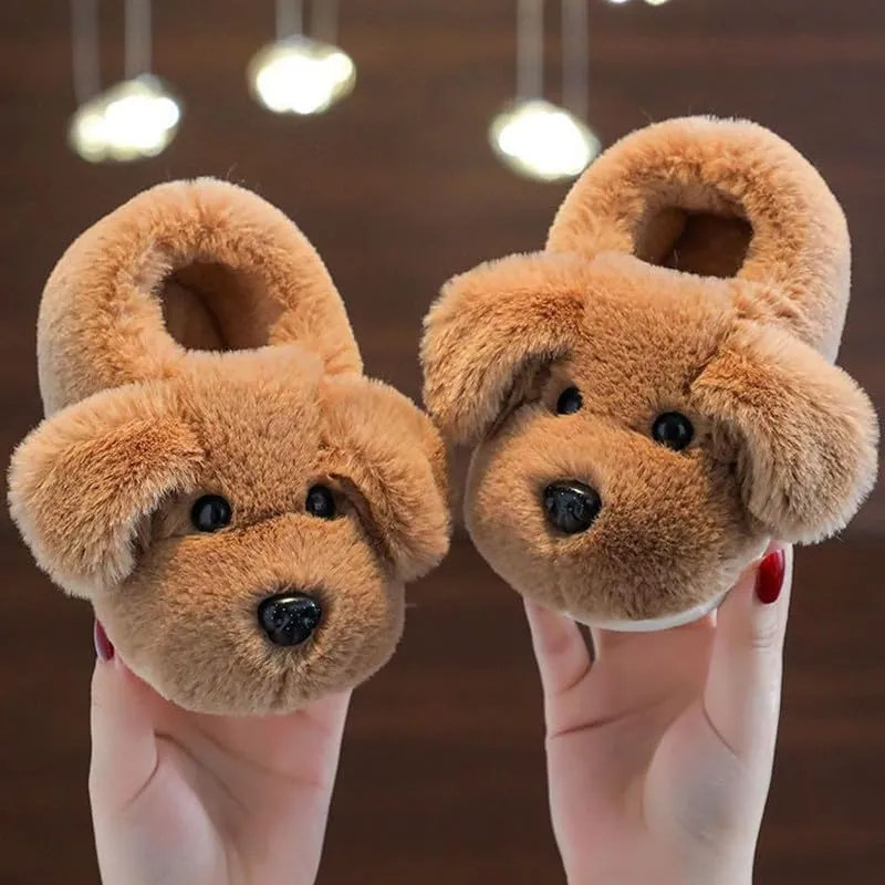 JadeRich Toddler Kids Cute Puppy Fuzzy Slippers Heel Covering Plush Dog Slipper Warm Winter House Shoes for Boys Girls