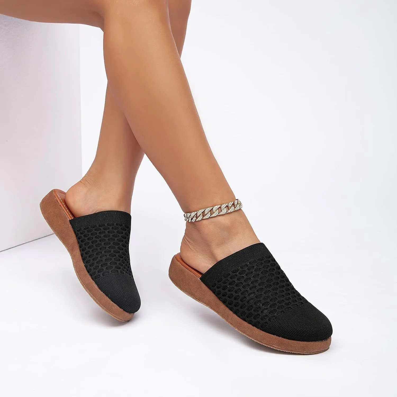 Jeesay Women's Slip On Mules Wedge Sandals Closed Toe Breathable Textile Slides Clogs Summer Shoes