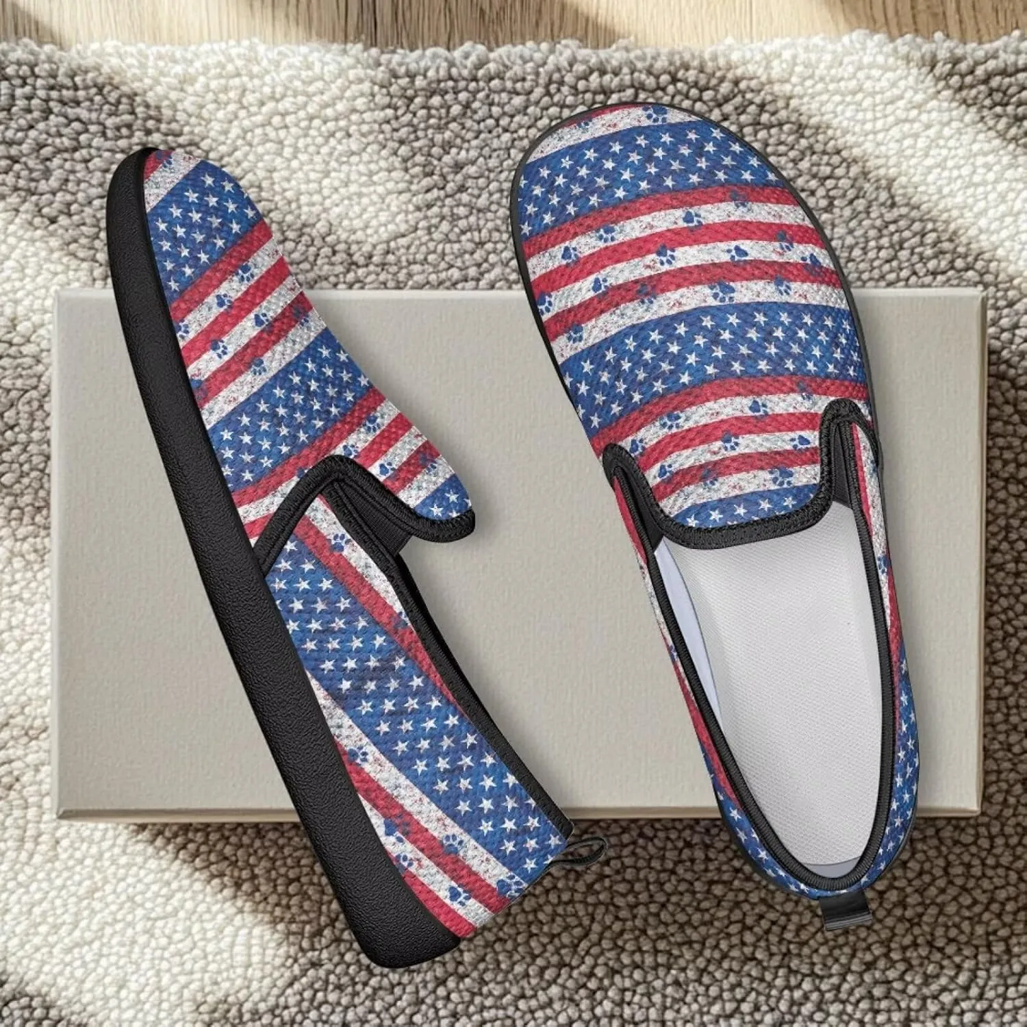 Jeiento American Flag Shoes Women's Slip-On Loafers Mesh Breathable Non Slip Lady Road Running Shoes Workout Sneakers