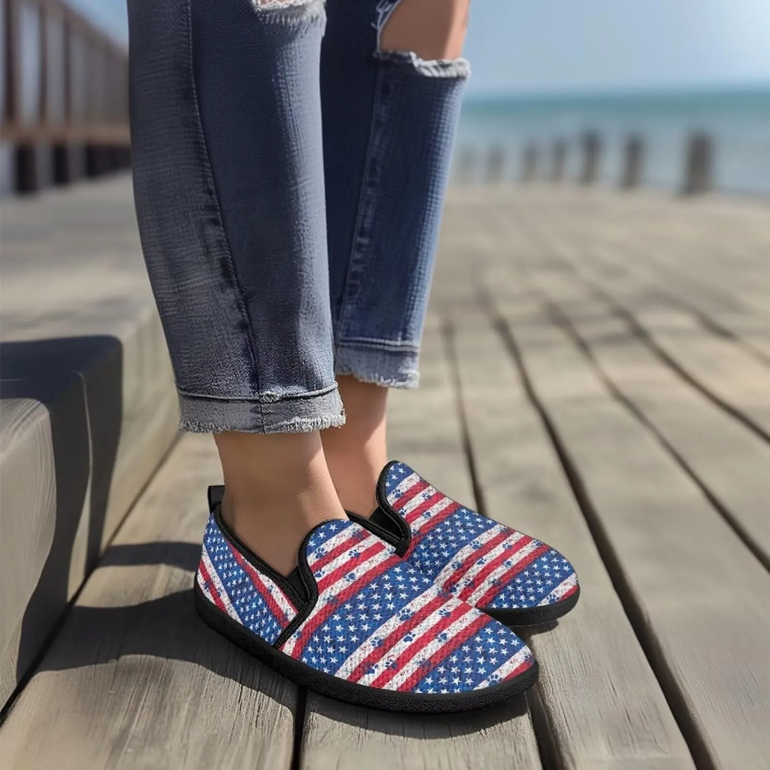 Jeiento American Flag Shoes Women's Slip-On Loafers Mesh Breathable Non Slip Lady Road Running Shoes Workout Sneakers