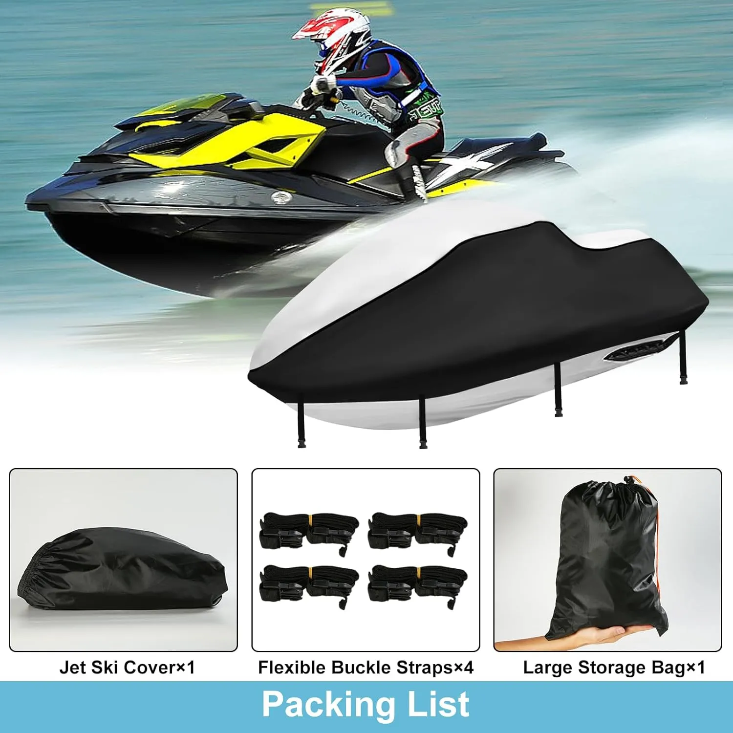 Jetski Waterproof Cover, Upgraded Heavy Duty 420D 3 Seater Jet Ski Cover with 2 Air Vent Marine Grade UV Resistant for Seadoo,Yamaha, Kawasaki,Waverunner Polaris from 136" to 145"(Silver Black)
