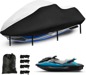 Jetski Waterproof Cover, Upgraded Heavy Duty 420D 3 Seater Jet Ski Cover with 2 Air Vent Marine Grade UV Resistant for Seadoo,Yamaha, Kawasaki,Waverunner Polaris from 136" to 145"(Silver Black)
