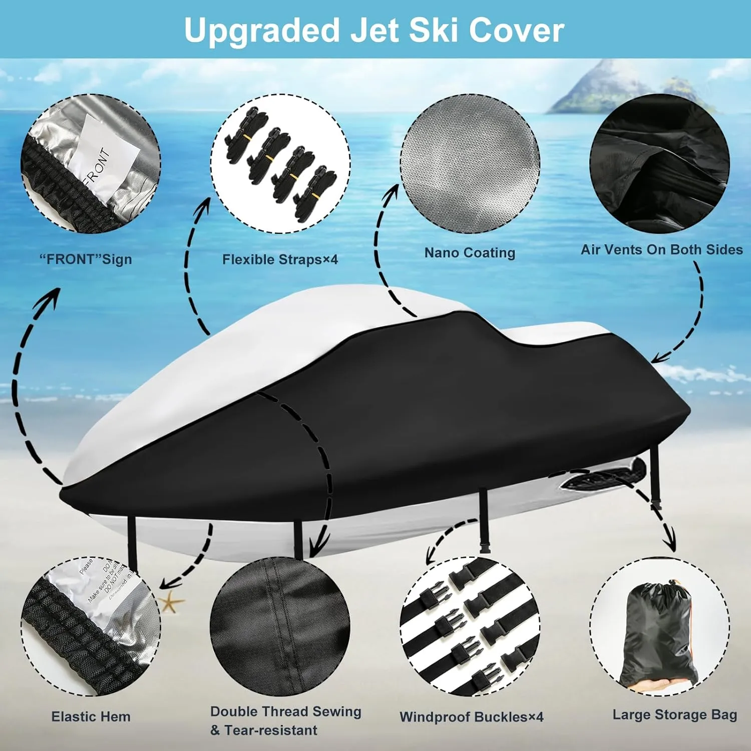 Jetski Waterproof Cover, Upgraded Heavy Duty 420D 3 Seater Jet Ski Cover with 2 Air Vent Marine Grade UV Resistant for Seadoo,Yamaha, Kawasaki,Waverunner Polaris from 136" to 145"(Silver Black)