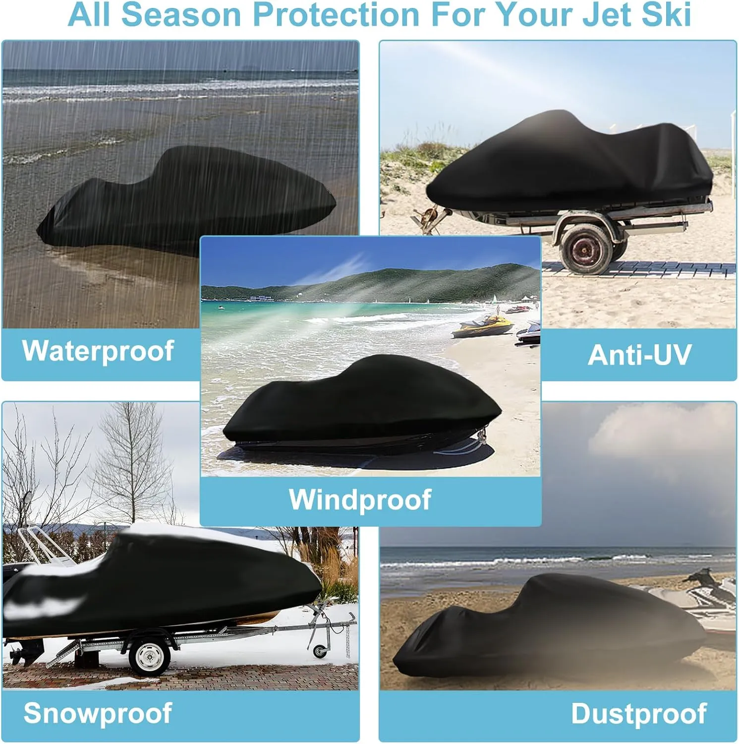 Jetski Waterproof Cover, Upgraded Heavy Duty 420D 3 Seater Jet Ski Cover with 2 Air Vent Marine Grade UV Resistant for Seadoo,Yamaha, Kawasaki,Waverunner Polaris from 136" to 145"(Silver Black)