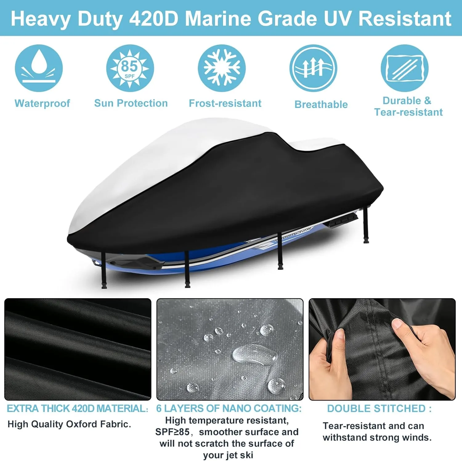 Jetski Waterproof Cover, Upgraded Heavy Duty 420D 3 Seater Jet Ski Cover with 2 Air Vent Marine Grade UV Resistant for Seadoo,Yamaha, Kawasaki,Waverunner Polaris from 136" to 145"(Silver Black)