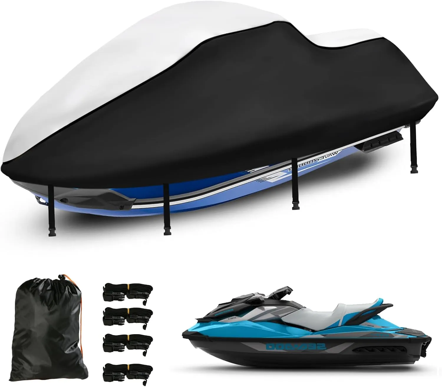 Jetski Waterproof Cover, Upgraded Heavy Duty 420D 3 Seater Jet Ski Cover with 2 Air Vent Marine Grade UV Resistant for Seadoo,Yamaha, Kawasaki,Waverunner Polaris from 136" to 145"(Silver Black)