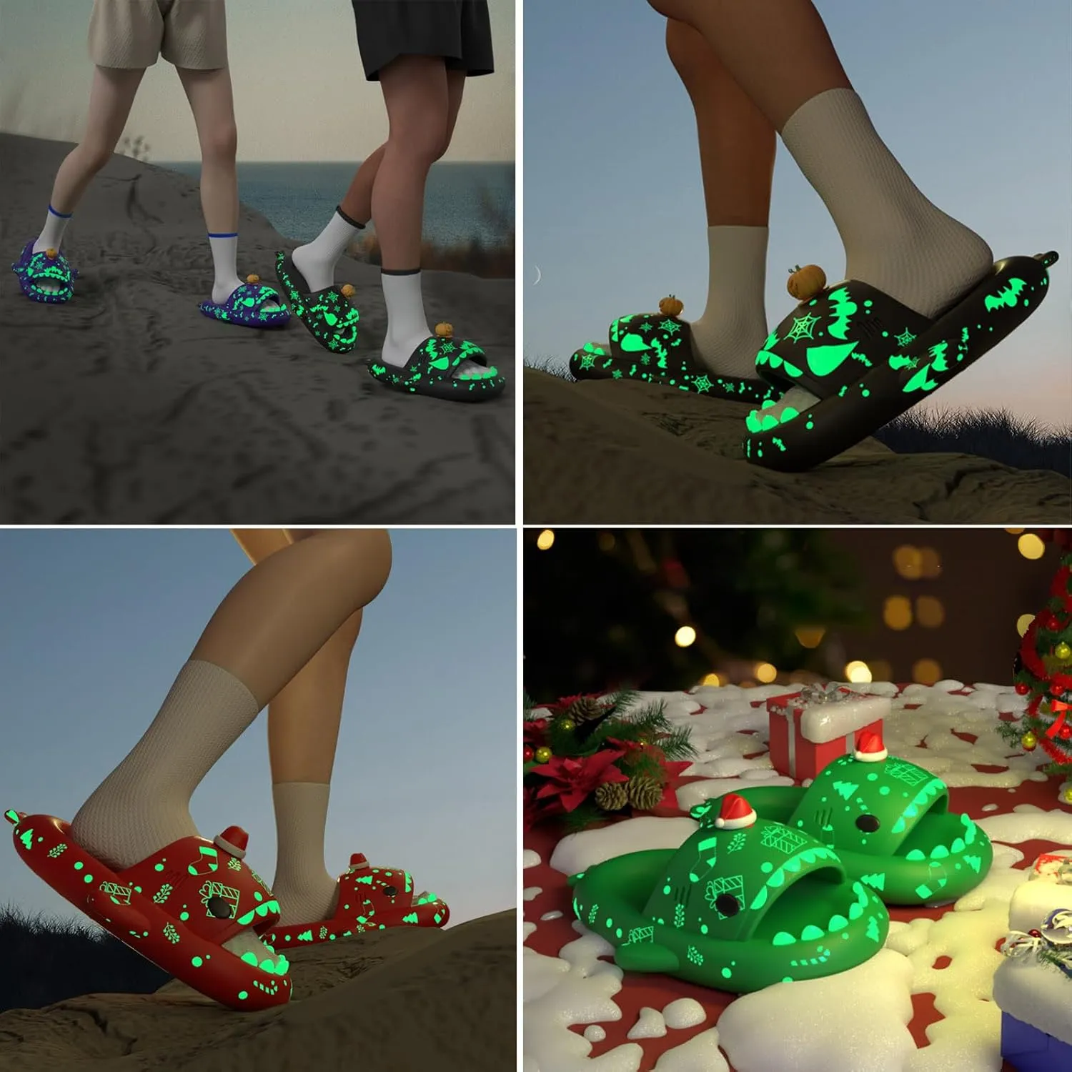 Jfxgjuv Luminous Shark Slippers, Spooky Shark Slides, Angler Fish Slides Glow in The Dark Halloween Christmas Shark Slides Soft Non-Slip Beach Pool Shower Shoes