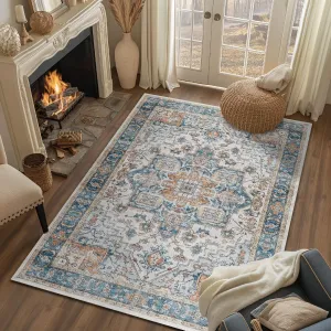jinchan Area Rug 3x5 Washable Soft Thin Vintage Low Pile Non Slip Distressed Carpet Indoor Oriental Medallion Rug for Bedside Bathroom Bedroom Laundry Room Dining Room Terra Red Multi