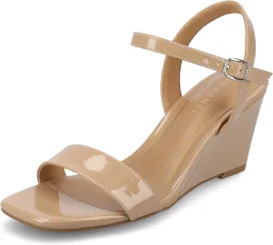 Journee Womens cushioned footbed Dressy Wedge Sandal Clayr Faux Leather Wedge Heel Ankle Straps 2-3 Inch Heel Open Toe
