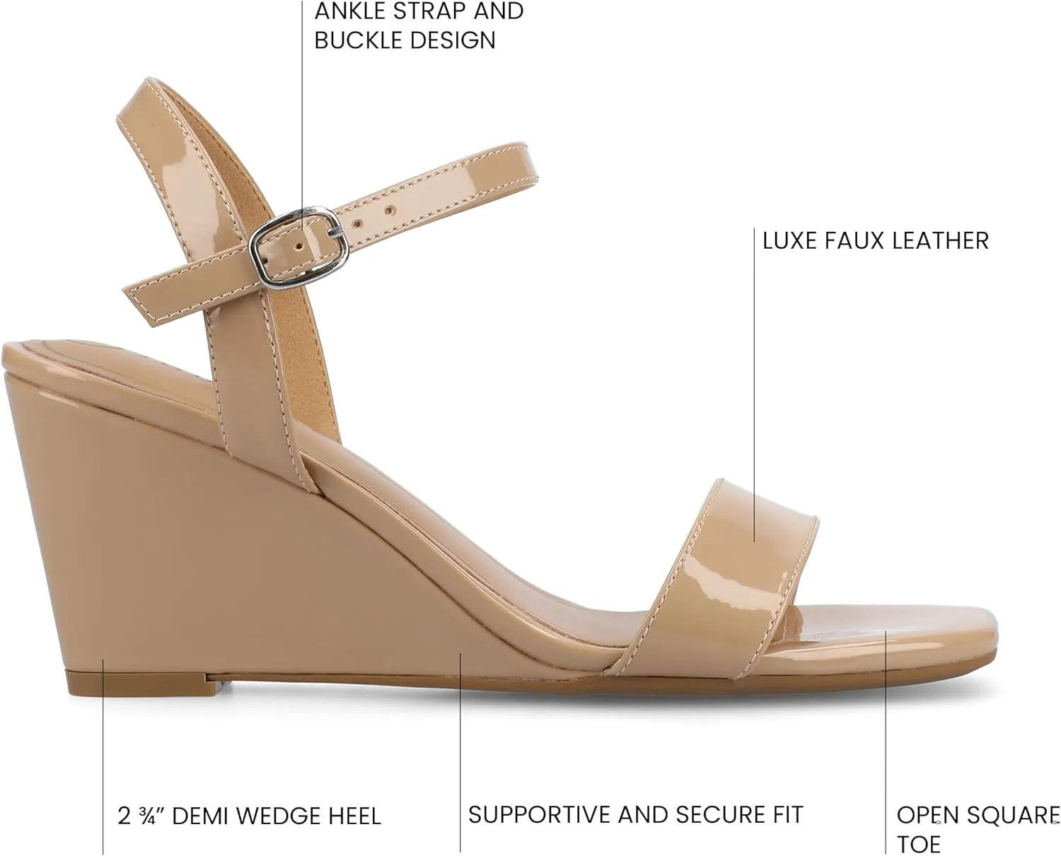 Journee Womens cushioned footbed Dressy Wedge Sandal Clayr Faux Leather Wedge Heel Ankle Straps 2-3 Inch Heel Open Toe