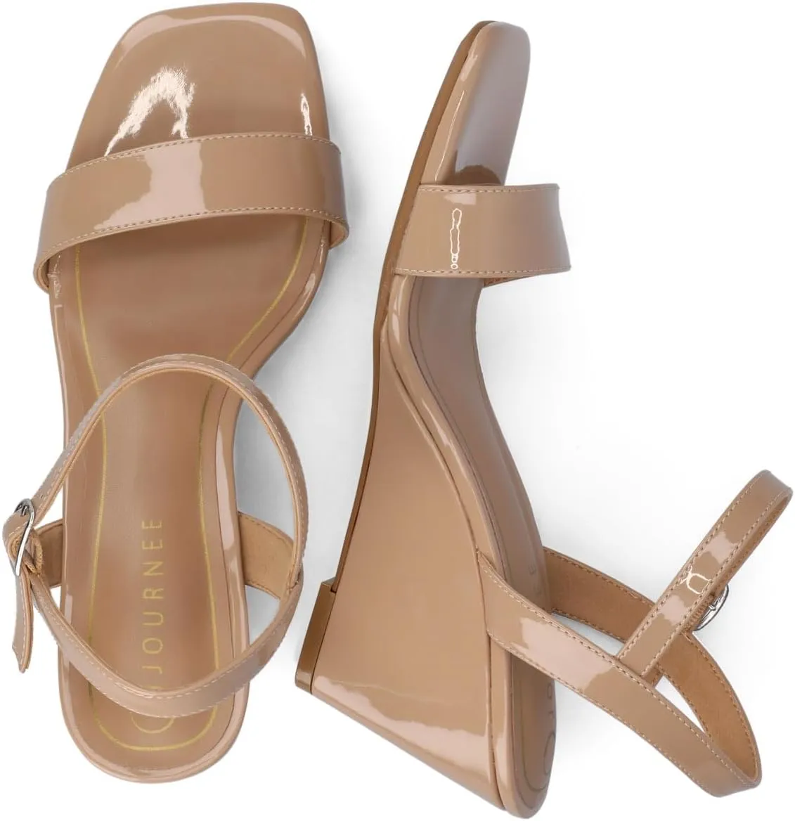 Journee Womens cushioned footbed Dressy Wedge Sandal Clayr Faux Leather Wedge Heel Ankle Straps 2-3 Inch Heel Open Toe