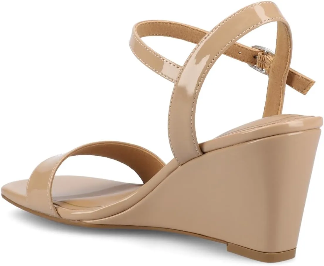Journee Womens cushioned footbed Dressy Wedge Sandal Clayr Faux Leather Wedge Heel Ankle Straps 2-3 Inch Heel Open Toe