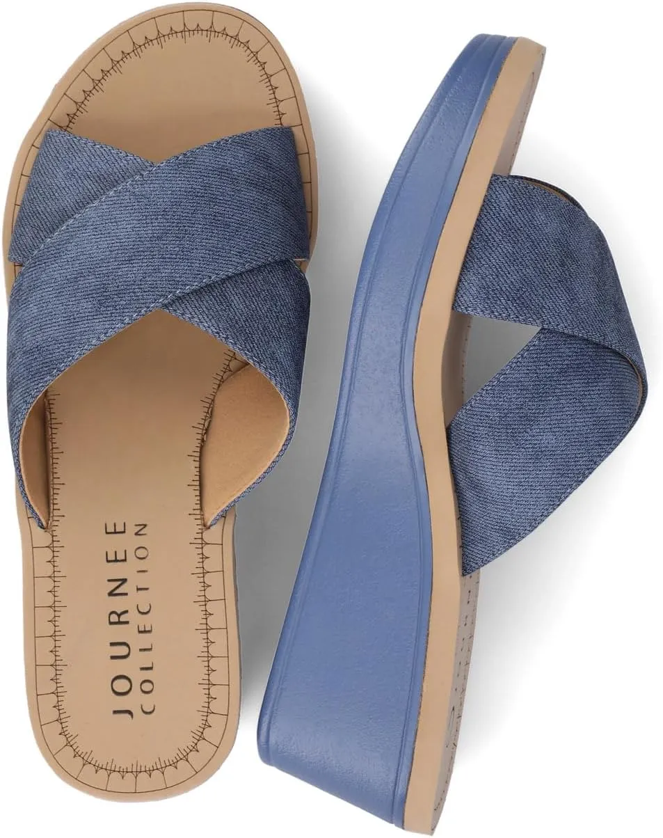 Journee Womens cushioned footbed Faux Leather Sandals Wedge Sandals Biara Crossover Straps Open Toe
