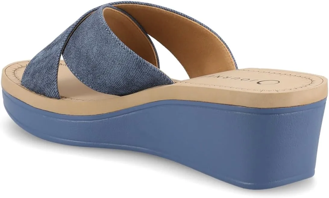 Journee Womens cushioned footbed Faux Leather Sandals Wedge Sandals Biara Crossover Straps Open Toe