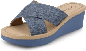 Journee Womens cushioned footbed Faux Leather Sandals Wedge Sandals Biara Crossover Straps Open Toe