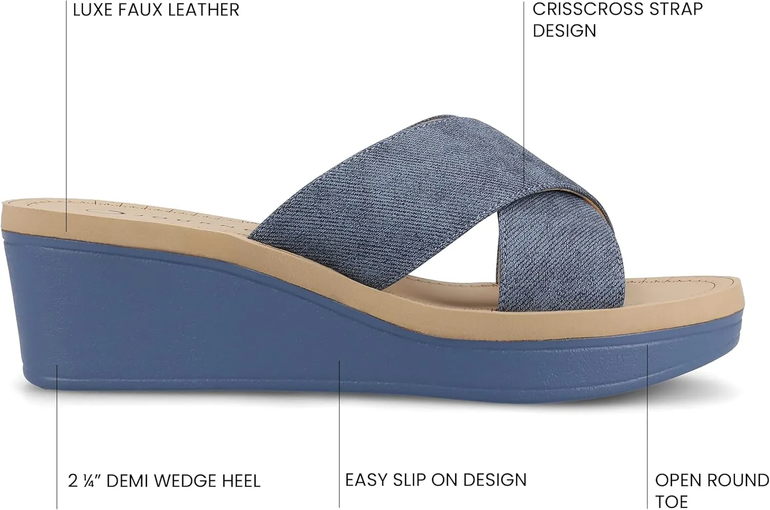 Journee Womens cushioned footbed Faux Leather Sandals Wedge Sandals Biara Crossover Straps Open Toe