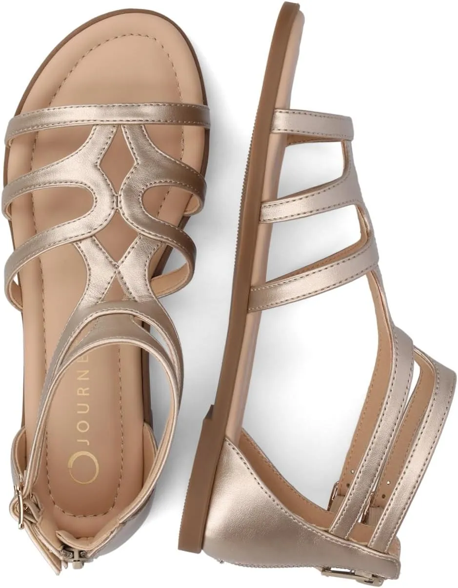 Journee Womens cushioned footbeds Genneva Gladiator Sandal flat sole ankle bucke multi strap open toe