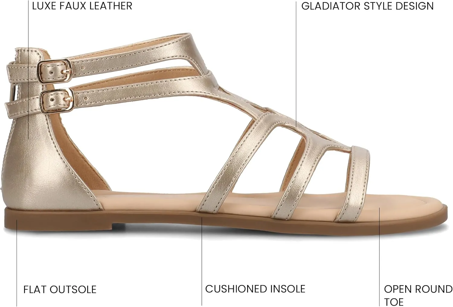 Journee Womens cushioned footbeds Genneva Gladiator Sandal flat sole ankle bucke multi strap open toe