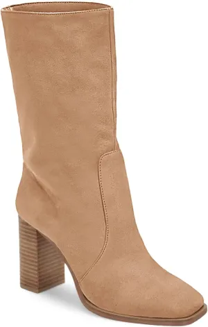 Juliet Holy Women’s Mid-calf Boots Chunky Stacked Heel Square Toe Side Zipper Slip-on Suede Winter Booties