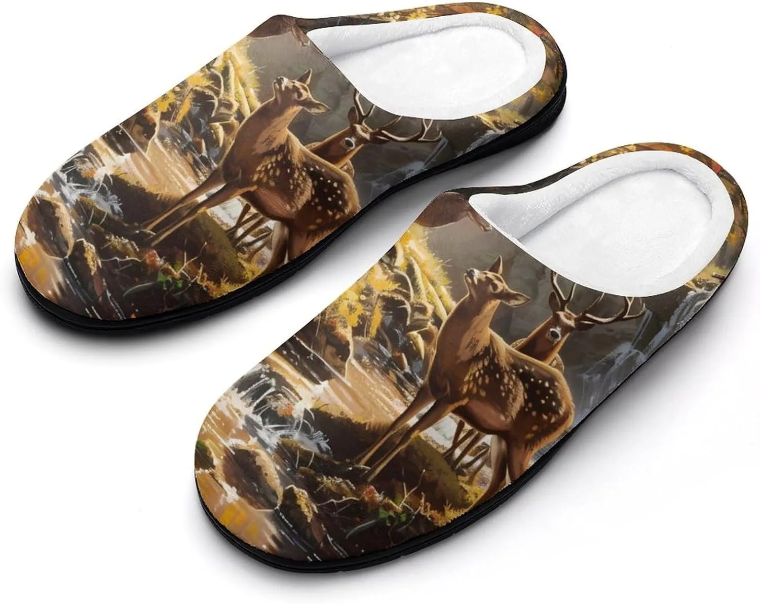 Jungle Hunting Deer Autumn Stream Casual Mens Slippers Warm Soft Comfy Slip On House Shoes Indoor Outdoor