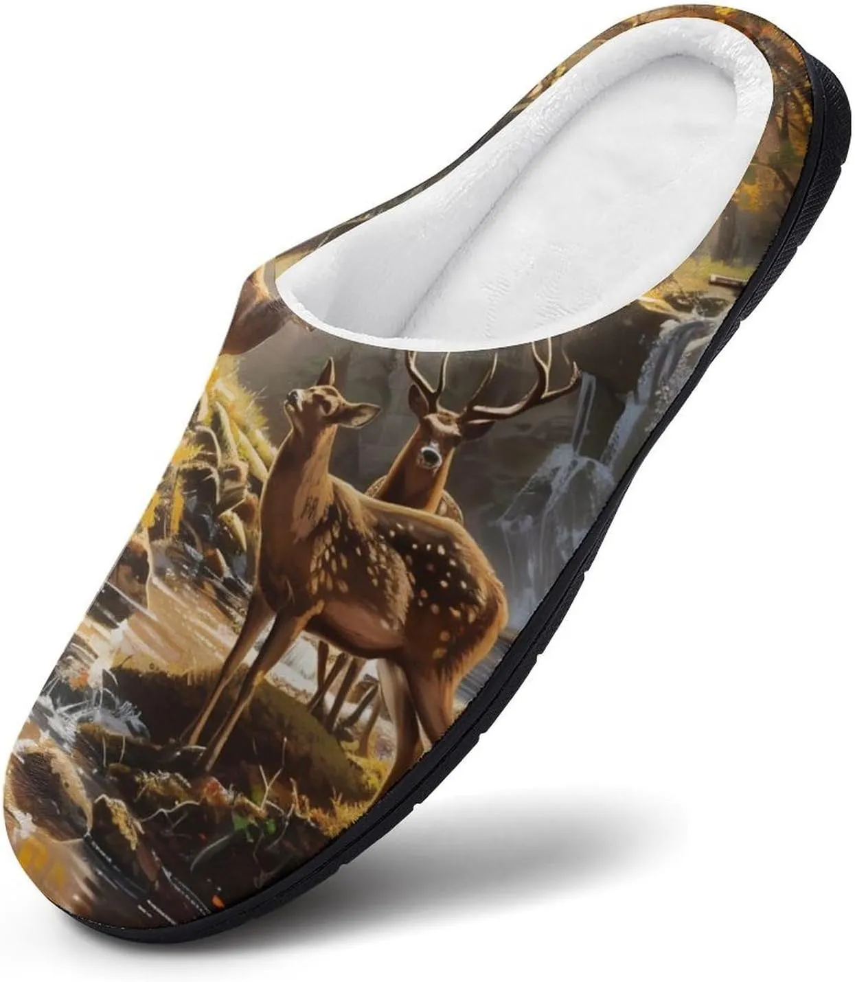 Jungle Hunting Deer Autumn Stream Casual Mens Slippers Warm Soft Comfy Slip On House Shoes Indoor Outdoor