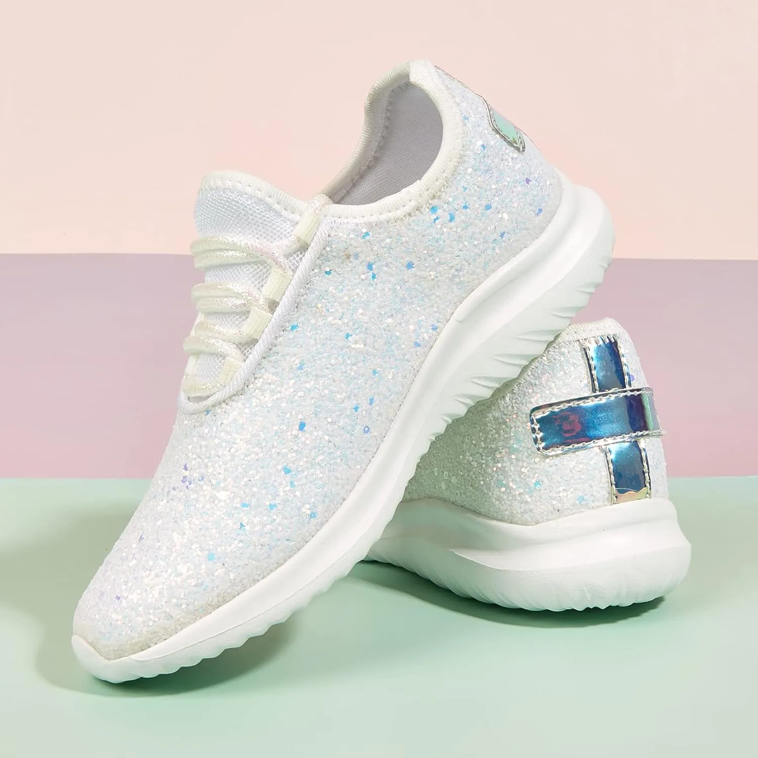 K KIP WOK Girls Glitter Sneakers Sparkle Slip On Walking Shoes for Kids/Children Breathable Running Sneakers
