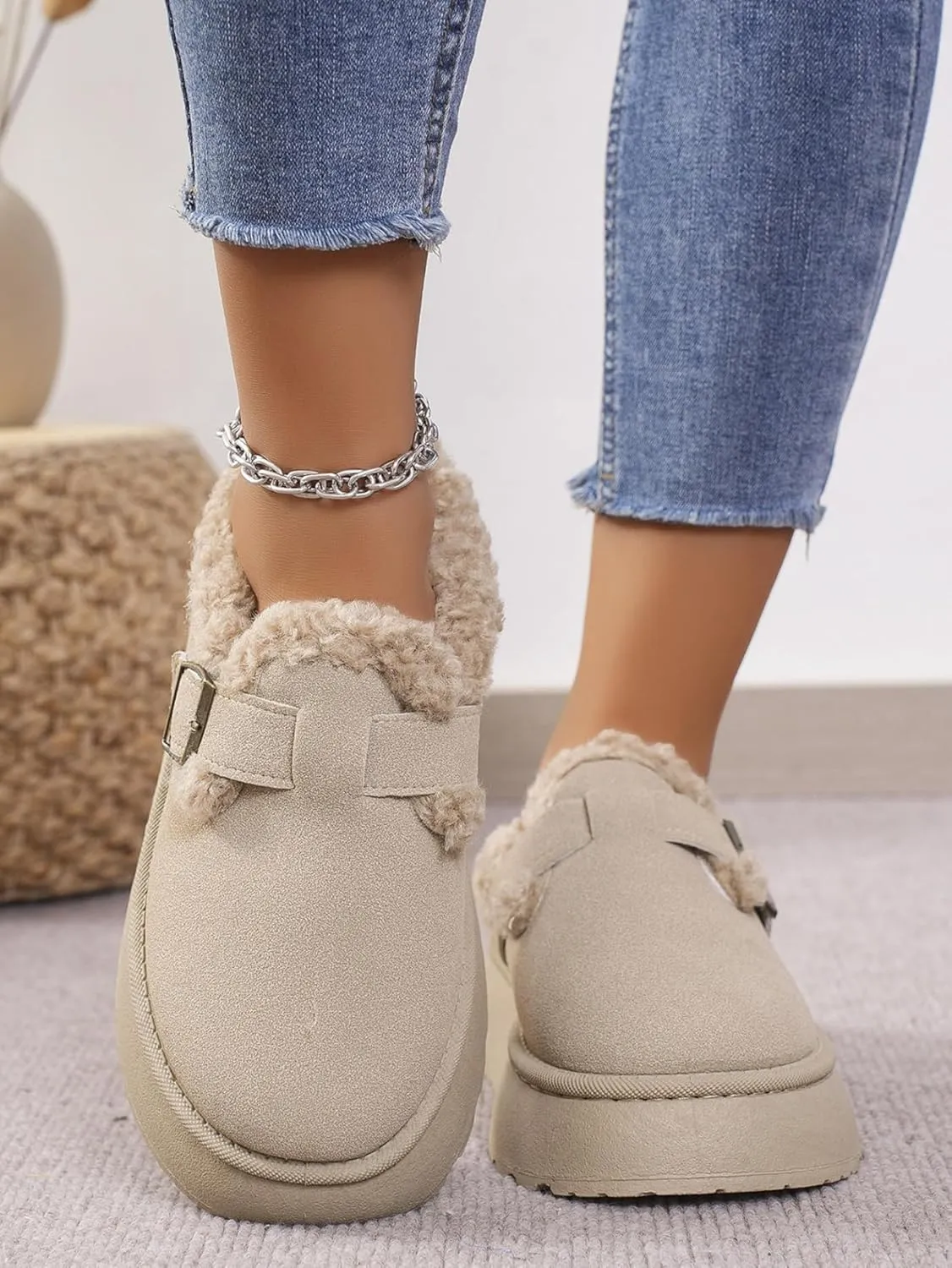 Katutude Women's Slippers Thick Rubber Sole Fleece Lined Snow Boots Slip-On Shoes Soft Comfy Indoor Outdoor Anti-Slip Slipper Shoes