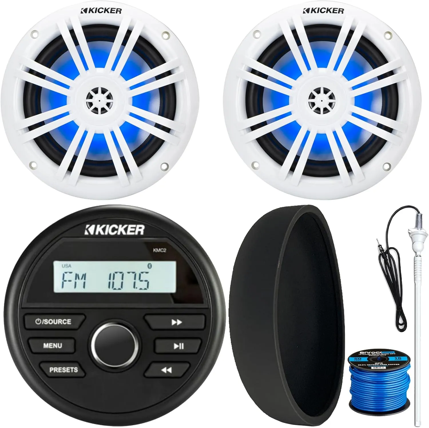 KICKER 46KMC2 Marine Bluetooth All-Weather AM/FM USB/AUX Gauge Style Media Center Receiver W/Black Cover, 2X 6.5 150W Max Power White RGB LED Coaxial Boat Speakers, 50 Feet 16G Speaker Wire, Antenna