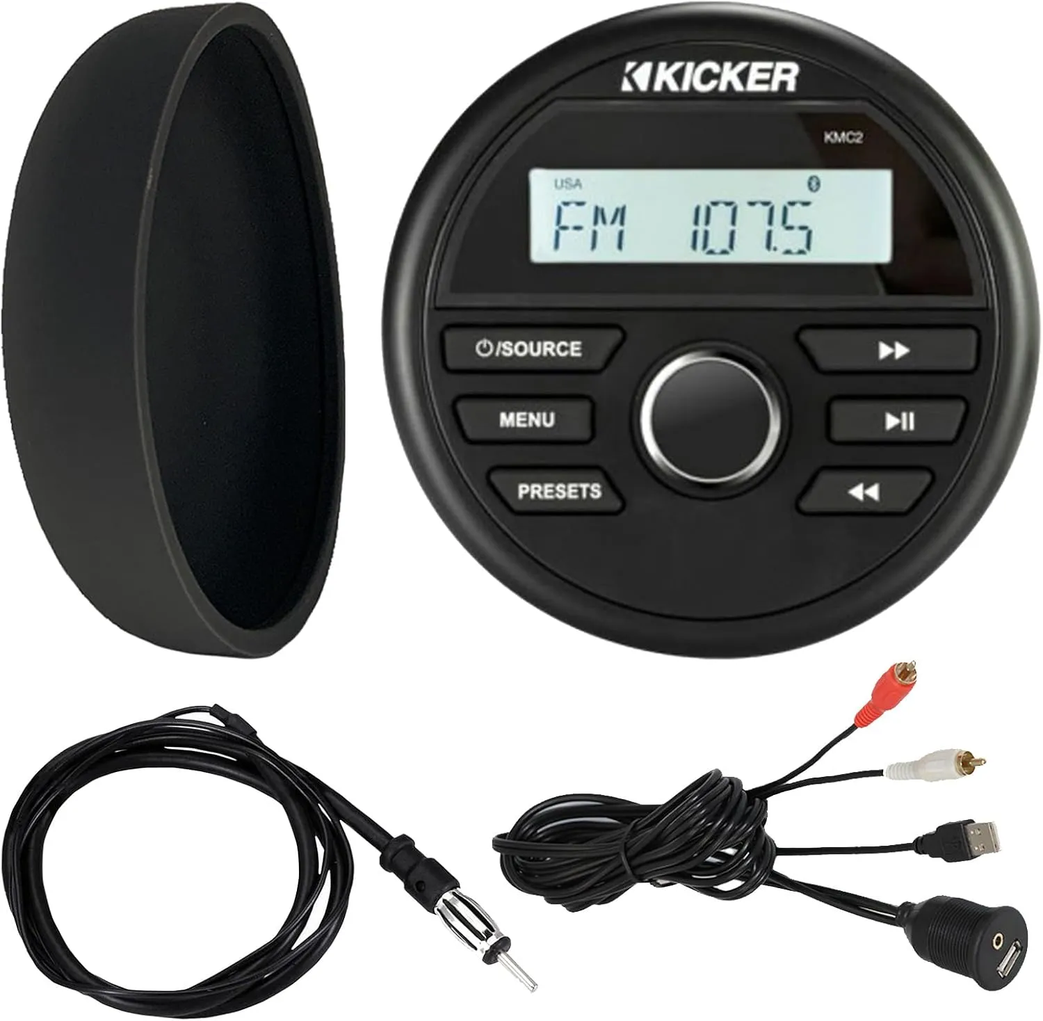 Kicker 46KMC2 Marine Bluetooth All-Weather AM/FM USB/AUX Gauge Style Media Center Receiver W/Black Cover, Bundle Combo with USB/AUX 3.5MM Interface Adapter, Black Flexible Hideaway 22" Radio Antenna