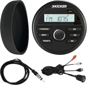 Kicker 46KMC2 Marine Bluetooth All-Weather AM/FM USB/AUX Gauge Style Media Center Receiver W/Black Cover, Bundle Combo with USB/AUX 3.5MM Interface Adapter, Black Flexible Hideaway 22" Radio Antenna