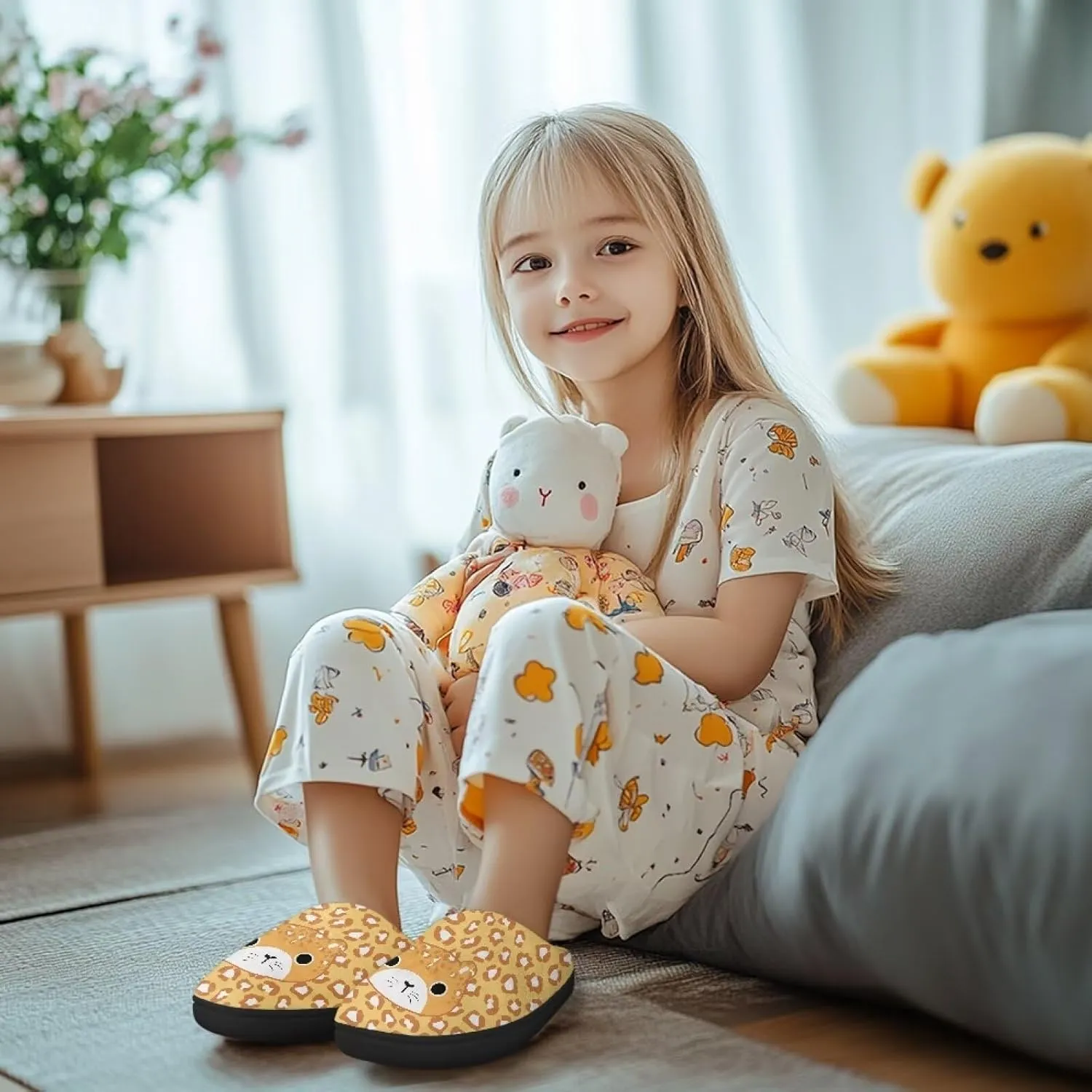 Kids Fuzzy Warm House Slippers for Girls Non Slip Rubber Sole Home Slippers for Toddlers Size 9-15