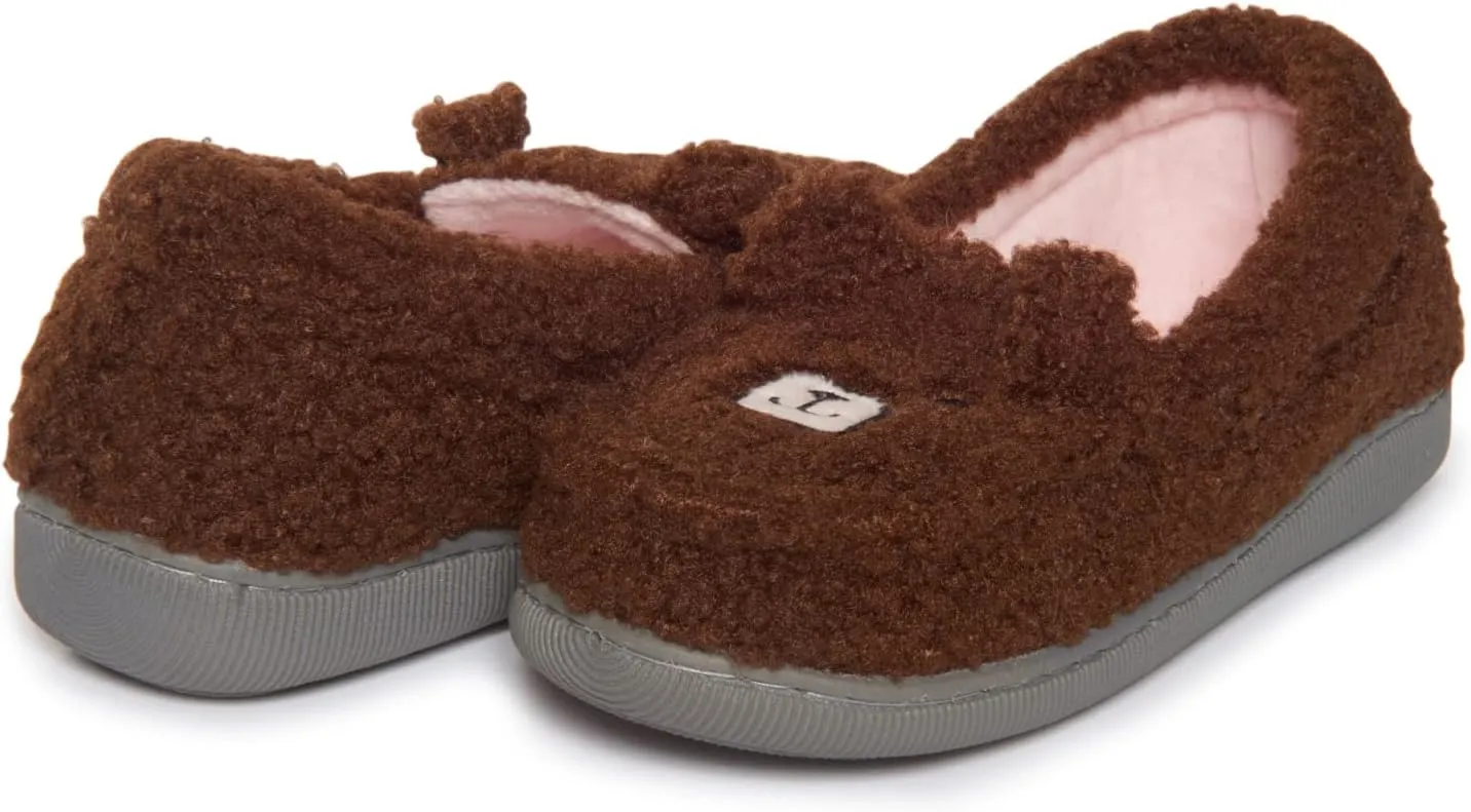 Laura Ashley Girls Teddy Bear A-Line Slippers with Rubber Soles, Warm Indoor Outdoor House Shoes, Kids Animal Bedroom Slipper