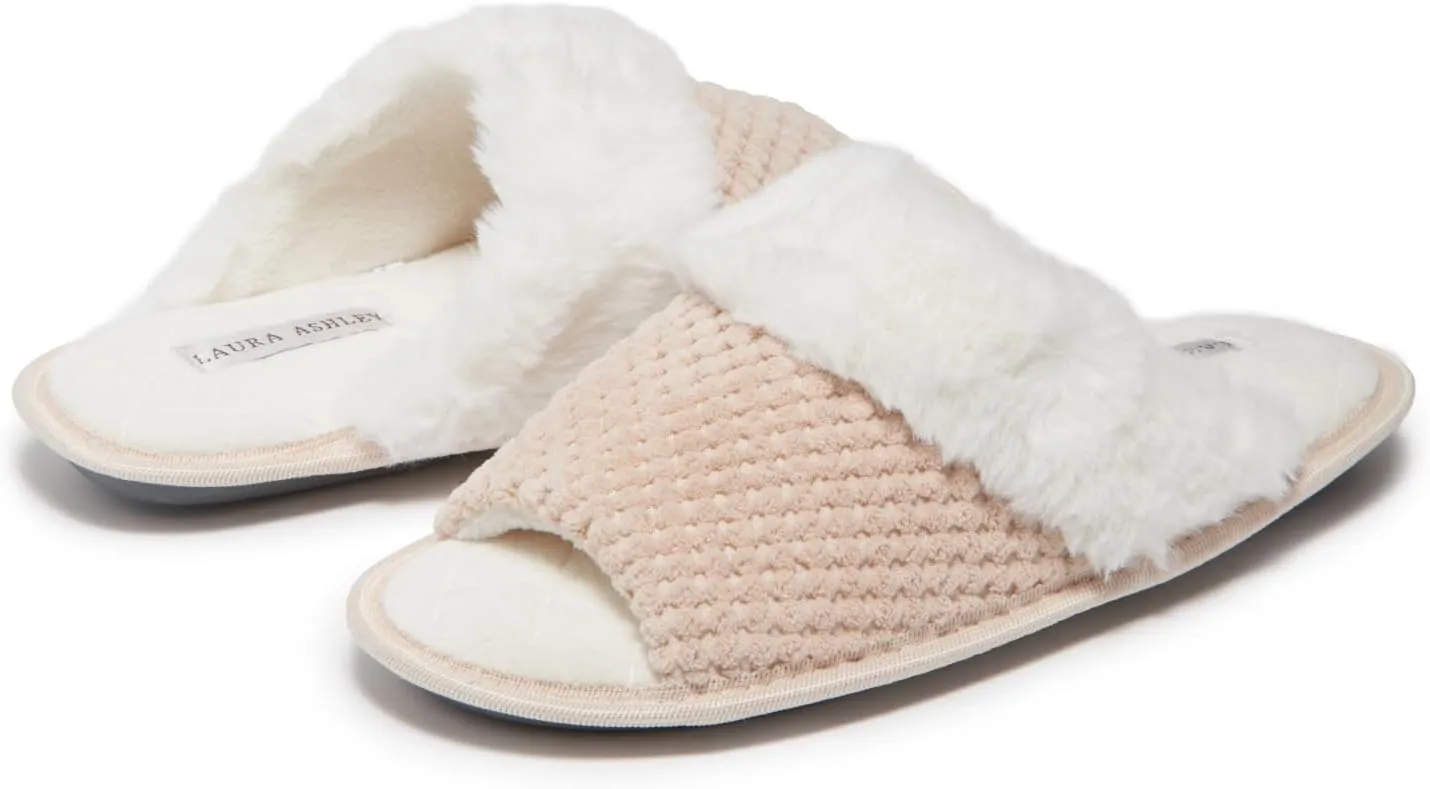 Laura Ashley Ladies Spa Slipper Plush Slide Memory Foam Insole Lightweight & Breathable