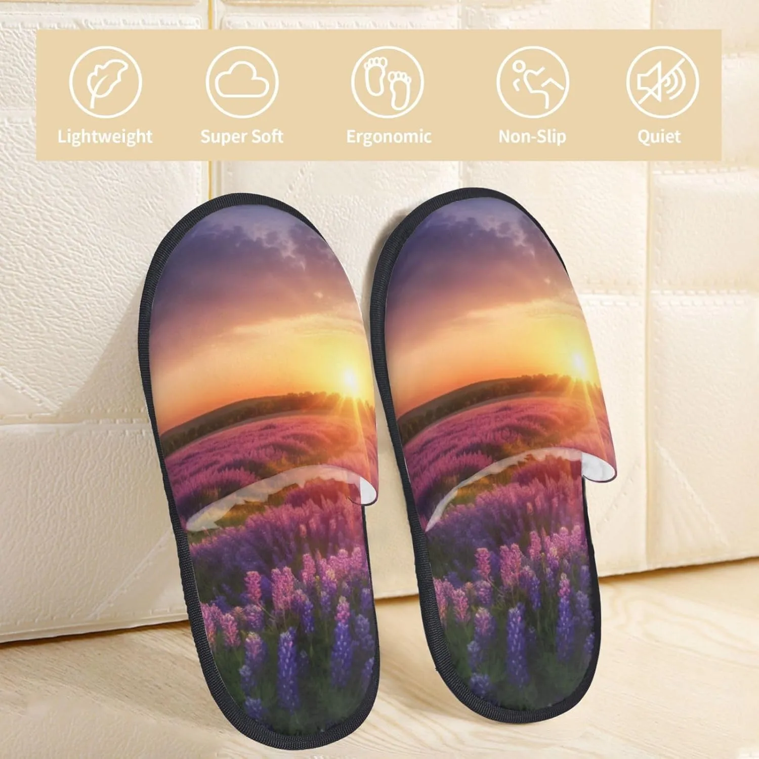 Lavender Meadow at Sunset Spring Printed Slippers Cozy Indoor Slide Unisex House Slippers Soft Plush Slip-on Slippers